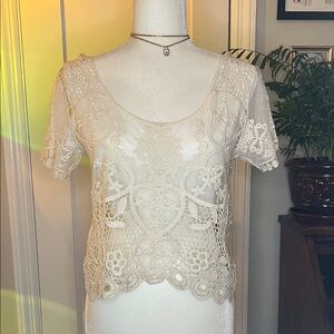 Poof! Cream Crochet Lace Scoop Neck Top